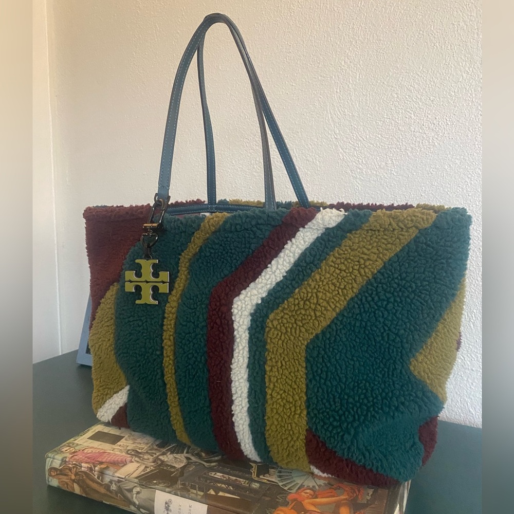 Tory Burch Britten Faux ShearlingTote in Teal and Burgundy and green.